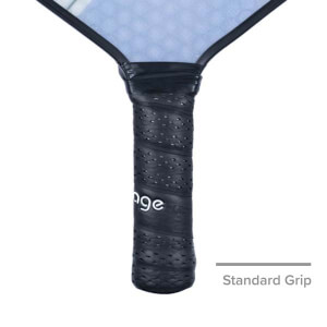Close-up of a black pickleball paddle grip with Engage text and a textured pattern.