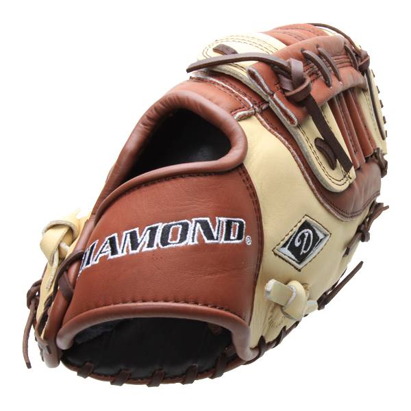 Corner view of a brown and tan baseball glove with DIAMOND text and a diamond logo.