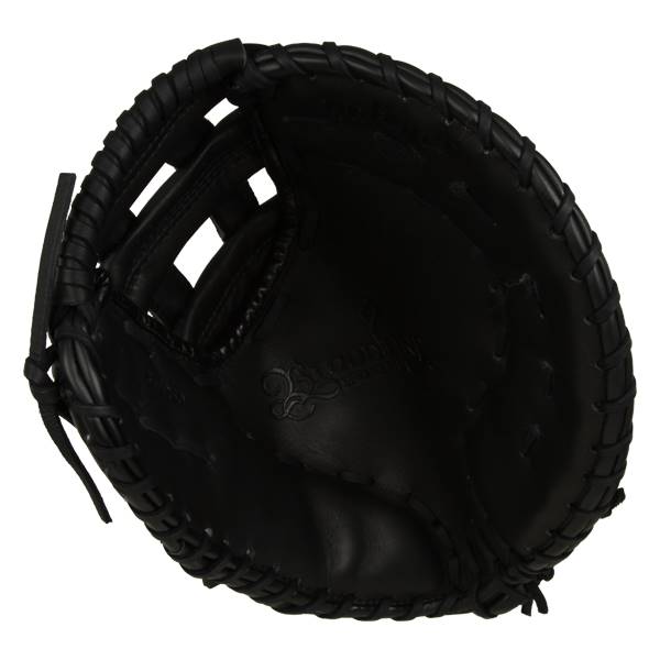 Top-down view of a black baseball glove with a woven pocket and embossed branding.