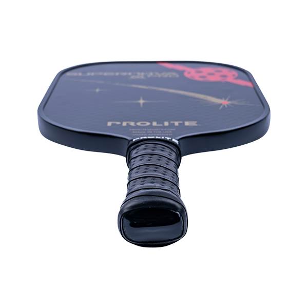 Top-down view of a black pickleball paddle with PROLITE text and a red comet design.