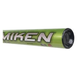 Side view of a green Miken bat with white lettering and a black end cap.