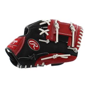 Side view of a black and red baseball glove with white lacing and a red Rawlings logo.