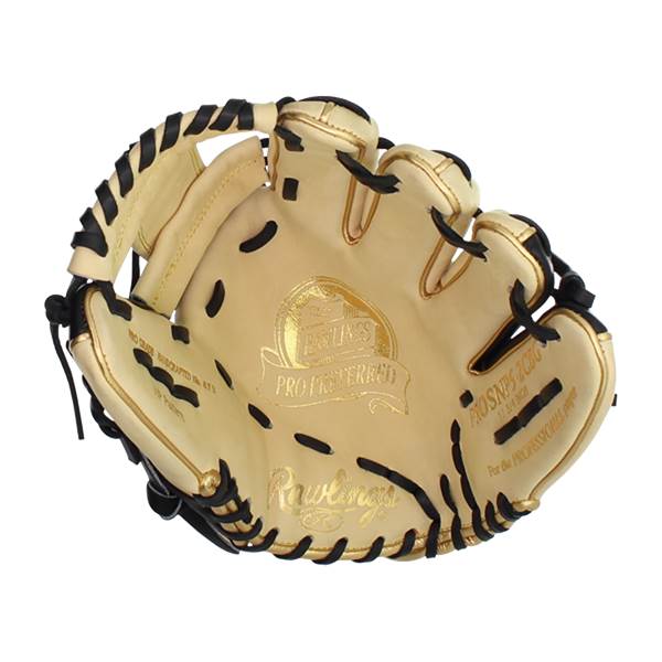 Top-down view of a tan baseball glove with gold accents, black lacing, and Rawlings Pro Preferred branding.
