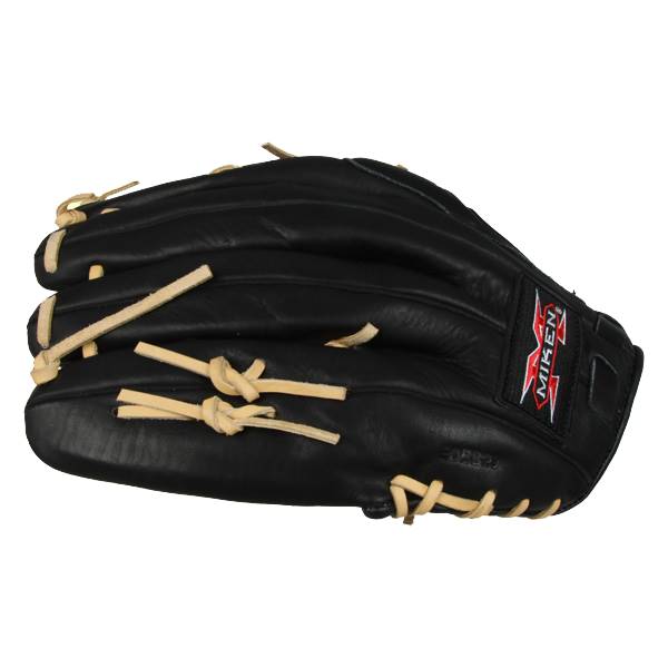 Side view of a black baseball glove with tan lacing and a Miken logo.