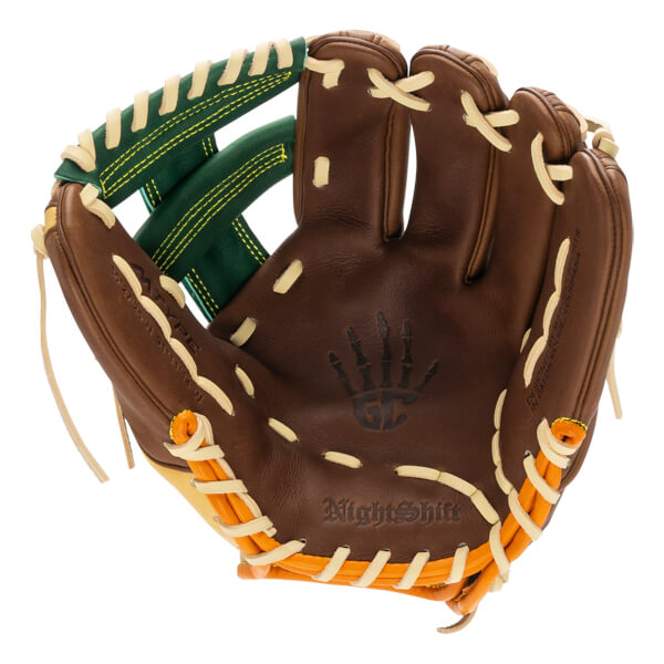 Top-down view of a brown baseball glove with green webbing, orange accents, and NightShift text.