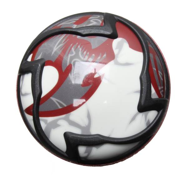 End cap view of a white baseball bat with red and gray dragon graphics and black trim.