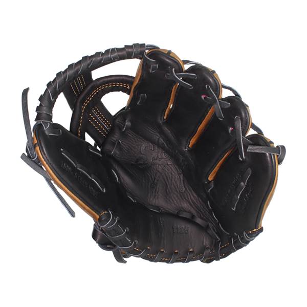 Top-down view of a black baseball glove with tan lacing and 1125 embossed on the palm.