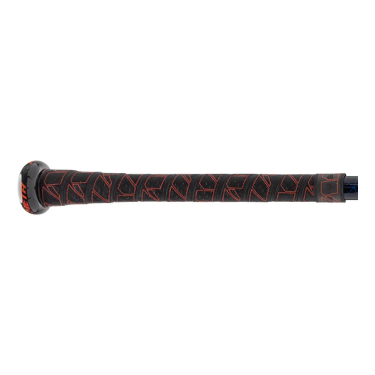 Side view of a black Louisville Slugger Meta BBCOR baseball bat with a red patterned grip.