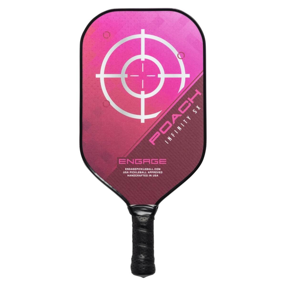 Front view of a pink and purple pickleball paddle with a target design, POACH INFINITY SX, and ENGAGE branding.