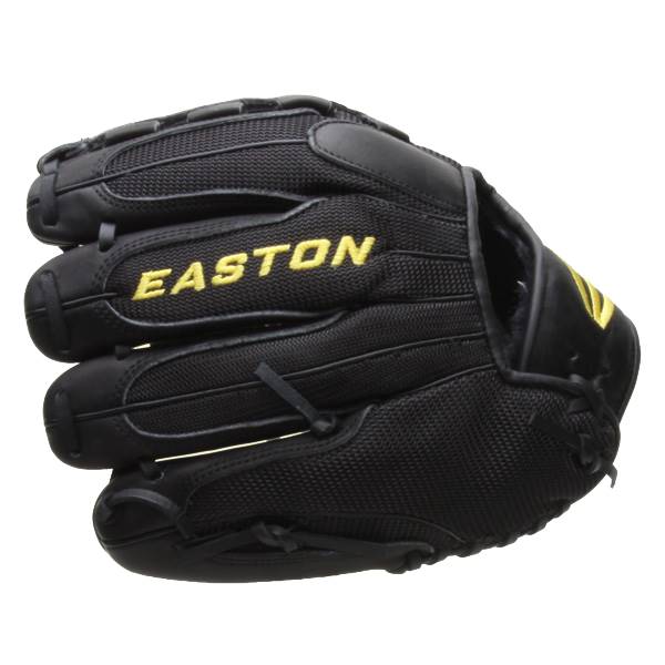 Side view of a black softball glove with yellow Easton branding and a mesh back.