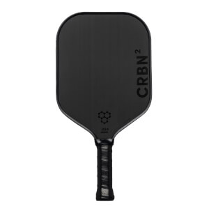 Front view of a black pickleball paddle with CRBN² branding and a honeycomb logo.