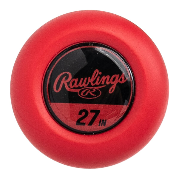 Top-down view of a red baseball bat end cap with Rawlings logo and 27 IN text.