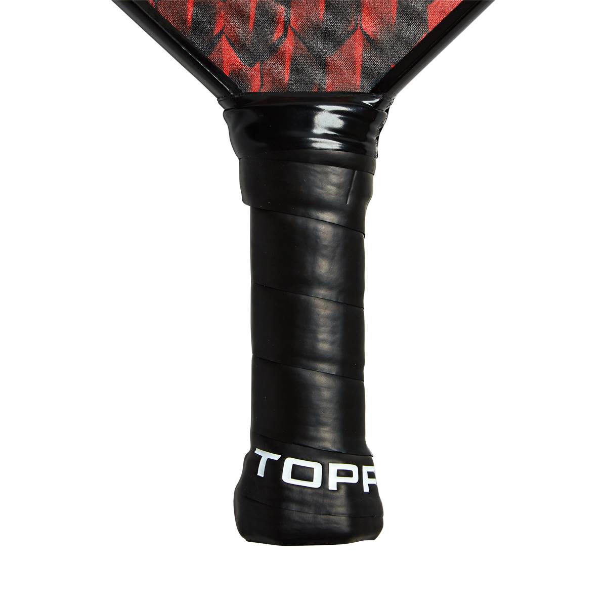 Bottom view of a black pickleball paddle grip with white TOPP text and red/black patterned head.