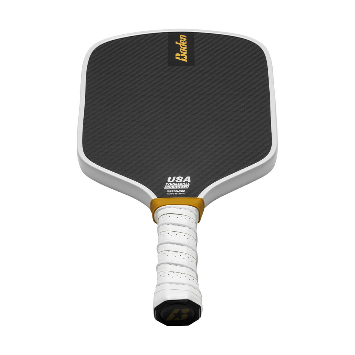 Front view of a white pickleball paddle with a black carbon fiber face, Baden logo, and white grip.