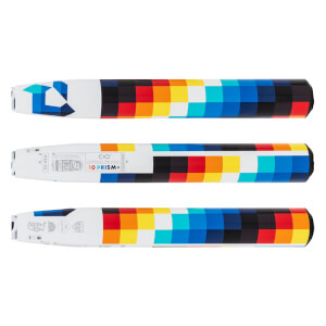 Multiple views of a white fastpitch softball bat with a colorful pixelated design and 10 PRISM+ branding.