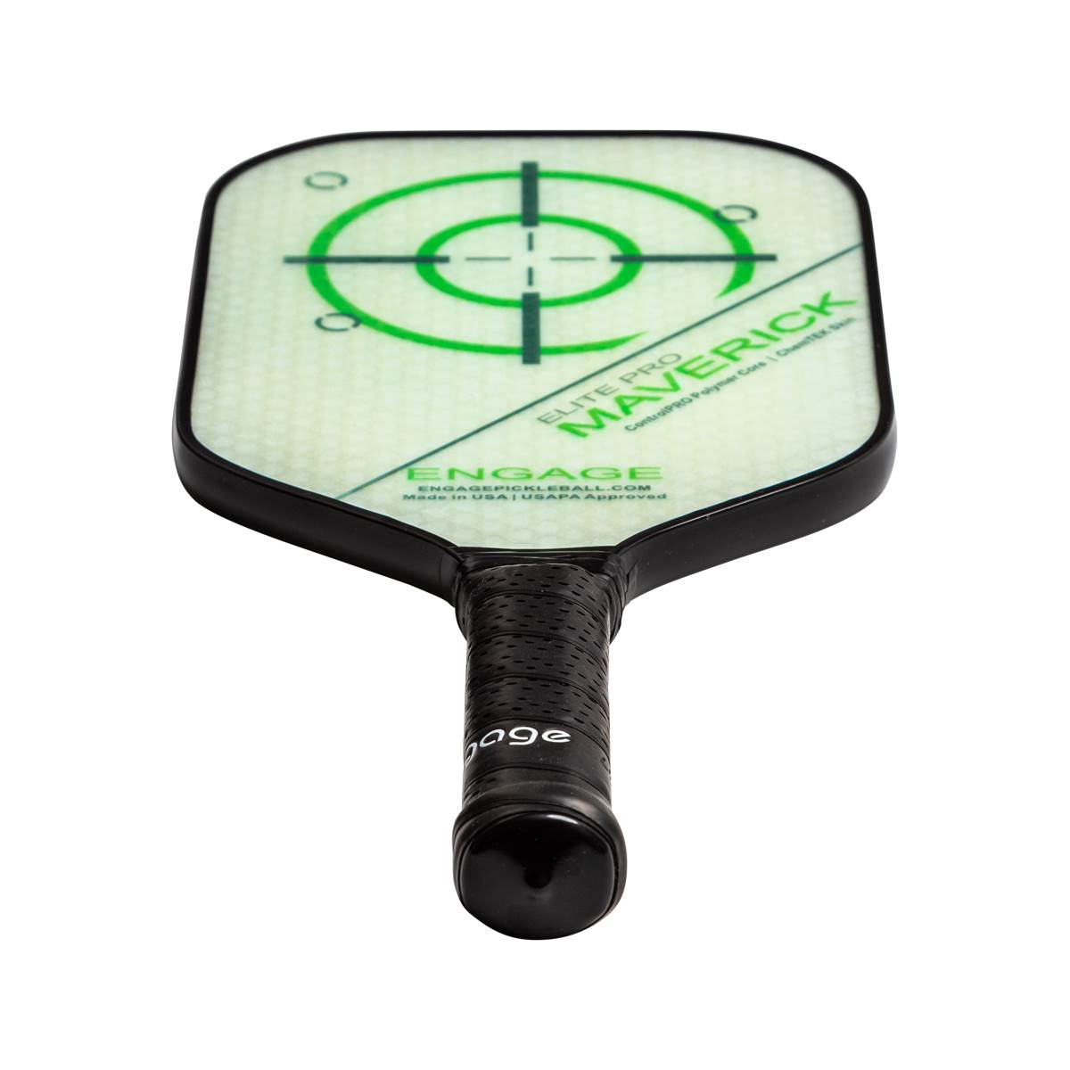 Top-down view of a white pickleball paddle with a green target design and Maverick text.