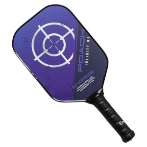 Top-down view of a purple pickleball paddle with a target design, POACH INFINITY MX text, and ENGAGE logo.