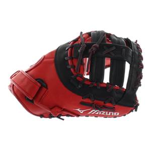 Side view of a red and black baseball glove with black lacing and a white Mizuno logo.