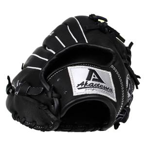 Front view of a black baseball glove with white stitching and an Akadema Professionals logo patch.
