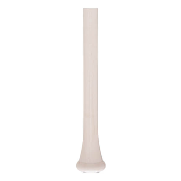 Side view of a white baseball bat with a flared knob and smooth barrel.