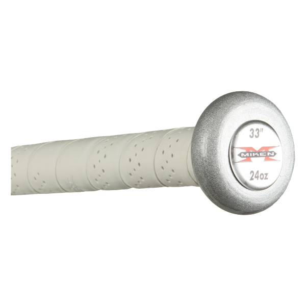 End cap view of a white Miken softball bat with 33 and 24oz markings.