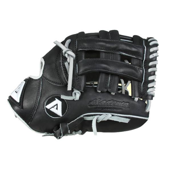 Front view of a black baseball glove with white stitching and an A logo.