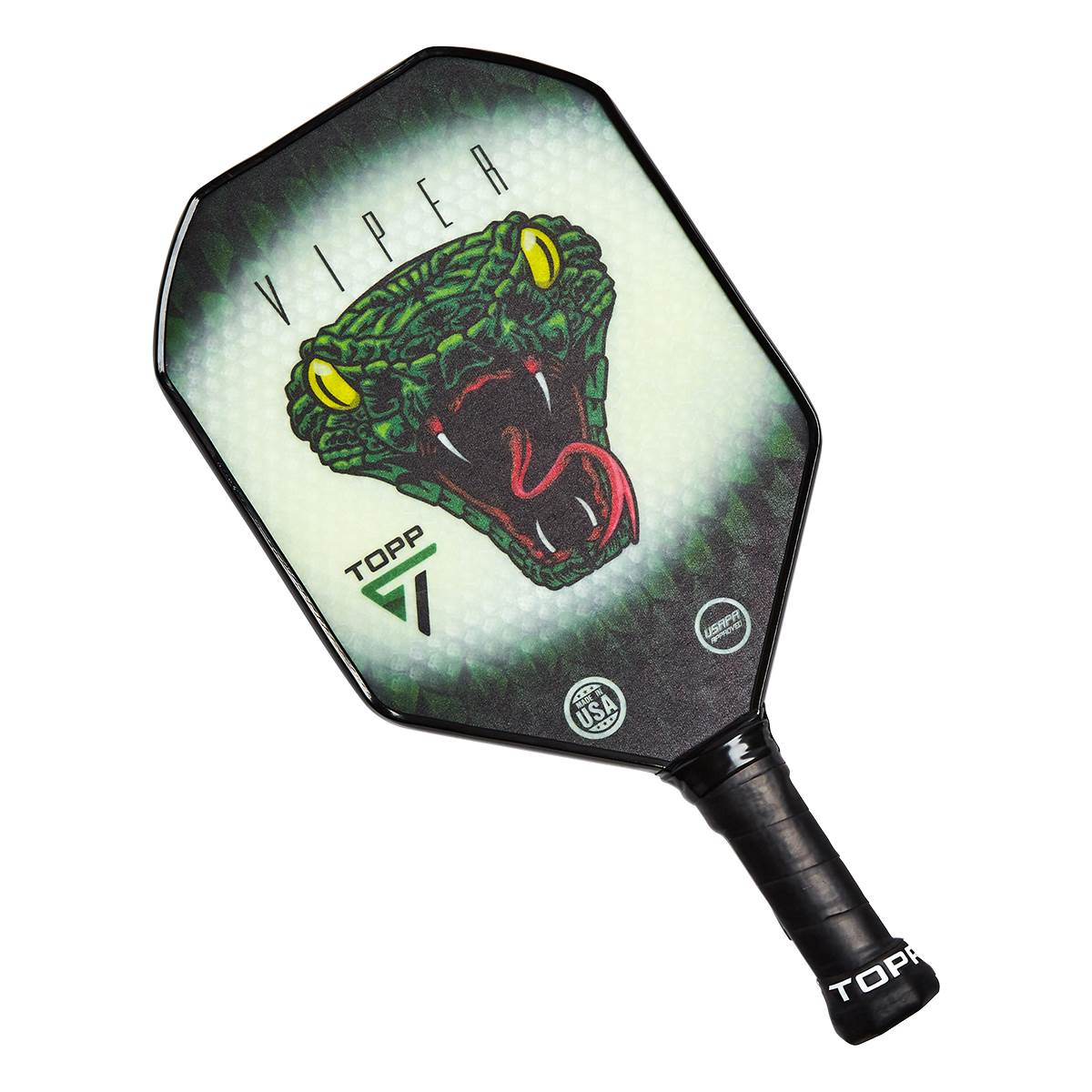 Top-down view of a black pickleball paddle with a viper graphic, VIPER text, and TOPP logo.