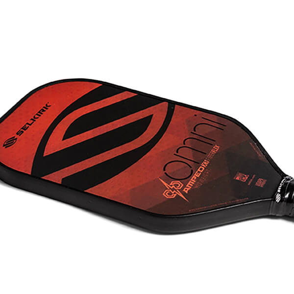 Side view of a red and black pickleball paddle with Selkirk and Omni branding.