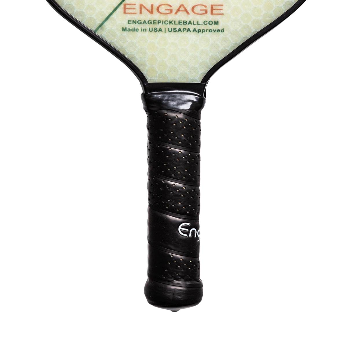 Close-up of a black pickleball paddle grip with a textured pattern and Eng visible.