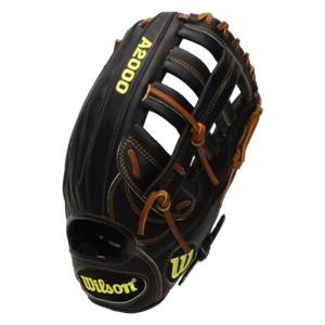 Side view of a black baseball glove with yellow A2000 and Wilson branding and tan lacing.