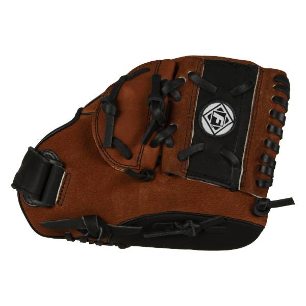 Top-down view of a brown baseball glove with black lacing and a white logo patch.
