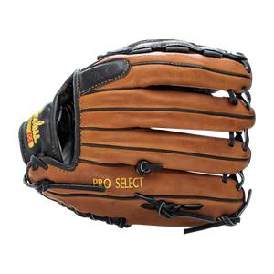 Front view of a brown baseball glove with black accents and PRO SELECT text.