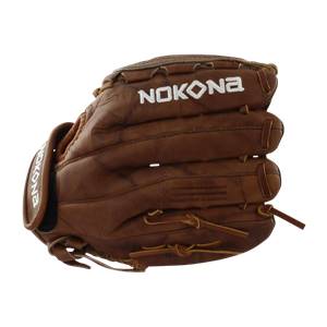 Side view of a brown Nokona softball glove with white NOKONA branding and visible lacing.