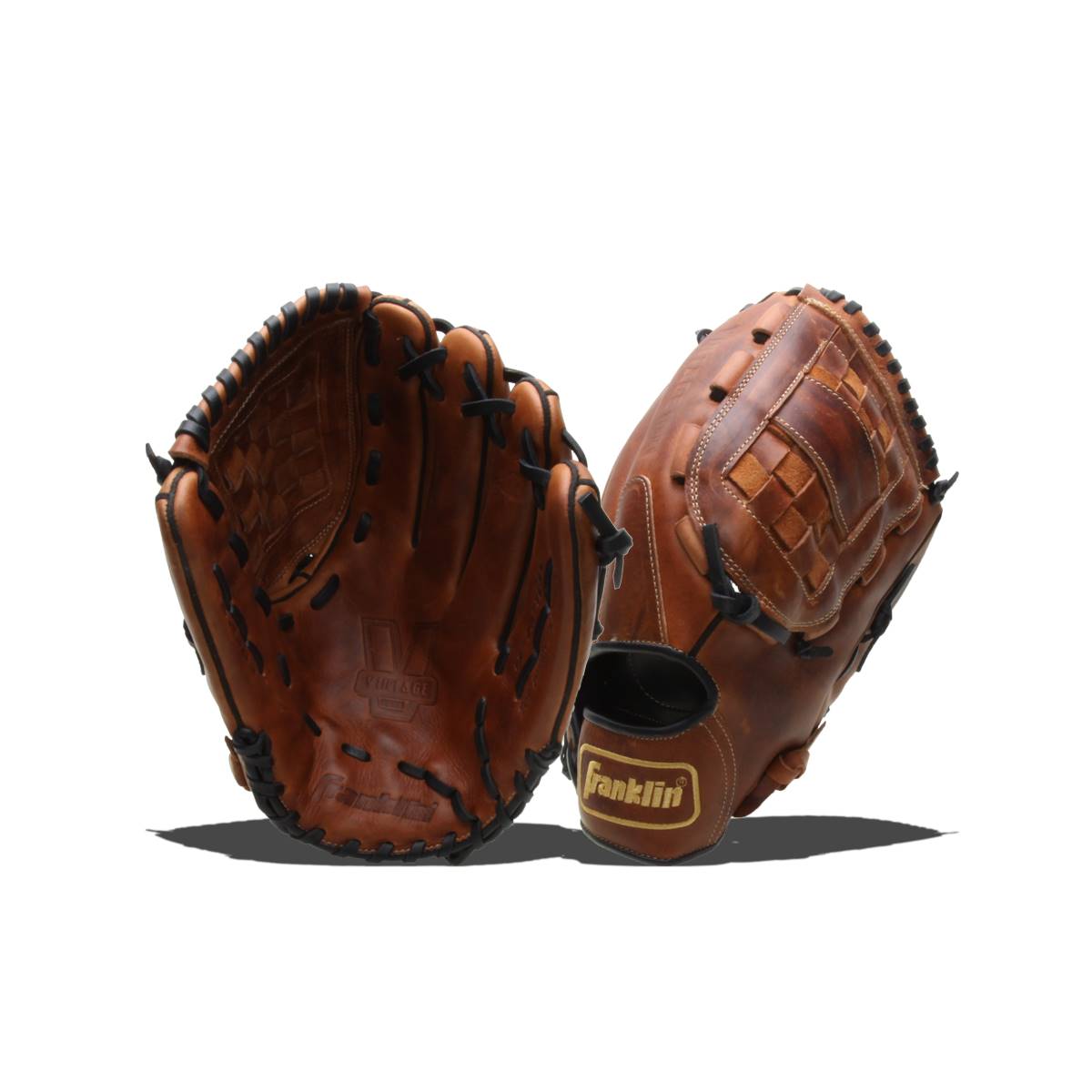 Front view of a brown baseball glove with black lacing and a woven palm detail.