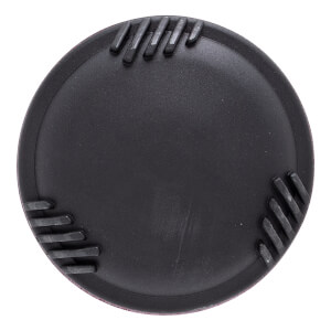 Top-down view of a black baseball bat end cap with ribbed texture details.