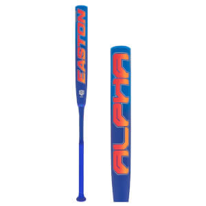 Front view of a blue baseball bat with orange and red "EASTON" lettering and a "USA SOFTBALL" logo.