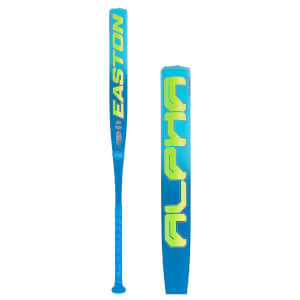 Side view of a blue Easton baseball bat with bright green "ALPHA" lettering and a blue grip.