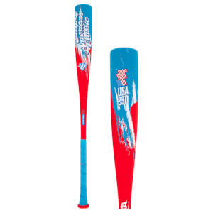 Front view of a red and blue baseball bat with "Easton American Classic" text and a USA flag graphic.