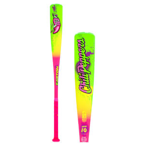 Side view of a neon green and pink baseball bat with a cartoon chili pepper graphic and "Chili Peppers" text.