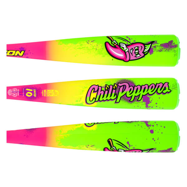 Side view of a baseball bat with "Chili Peppers" text and a cartoon chili pepper logo.