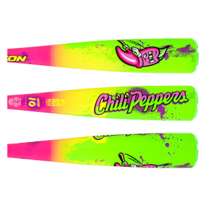 Side view of a baseball bat with "Chili Peppers" text and a cartoon chili pepper logo.