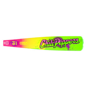 Side view of a baseball bat with a neon gradient and "Chili Peppers" logo.