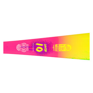 Side view of a baseball bat with a pink to yellow gradient, showing "DROP 10" and "115".