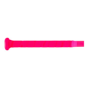 Side view of a bright pink baseball bat with a textured grip and a pink end cap.