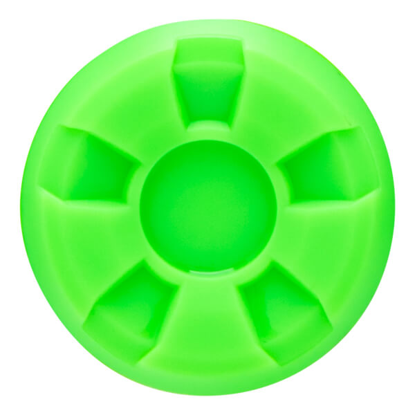 Top-down view of a bright green, circular object with five indented geometric shapes radiating from a central circle.