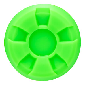 Top-down view of a bright green, circular object with five indented geometric shapes radiating from a central circle.