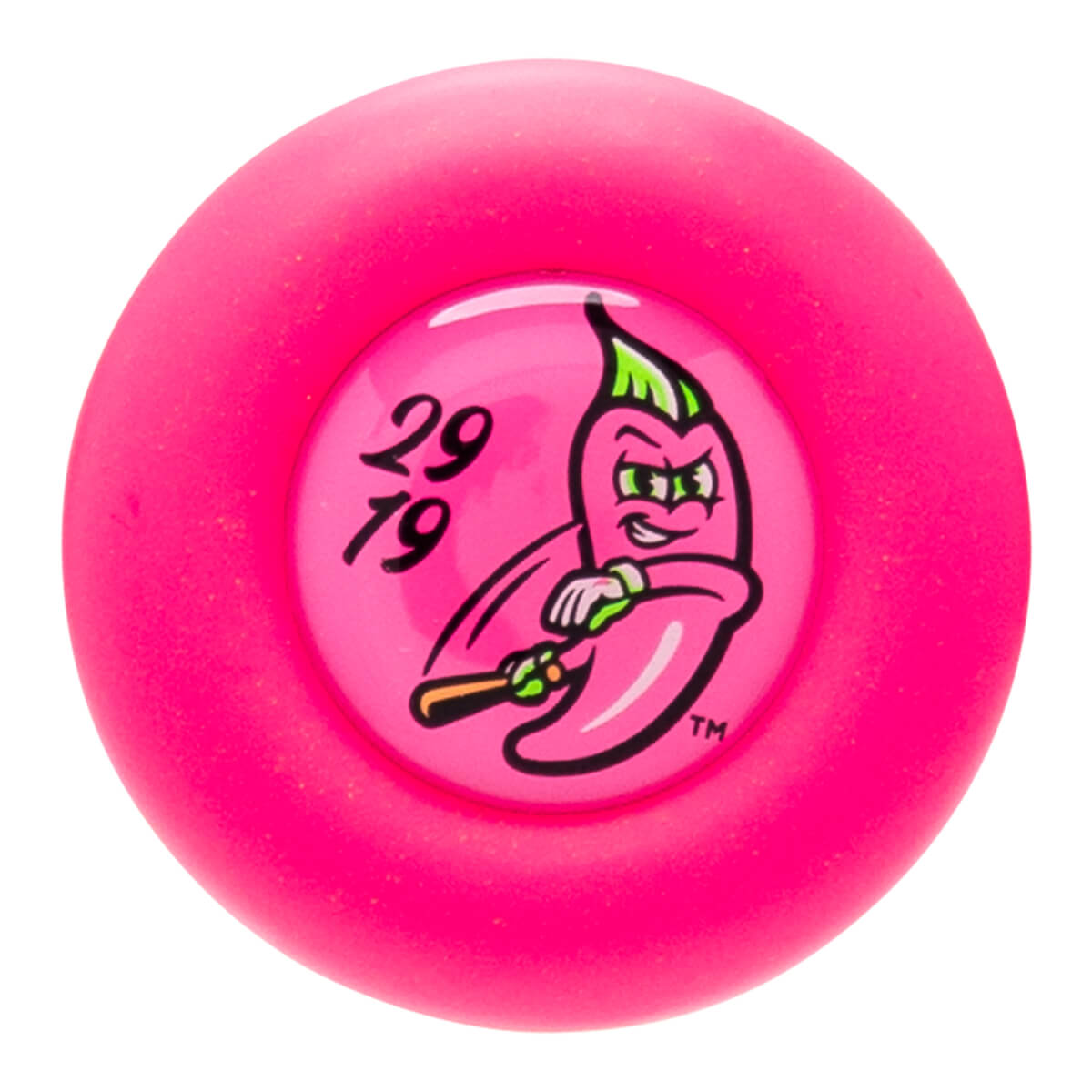 Top-down view of a pink baseball bat knob with a cartoon chili pepper logo and "29 79" text.