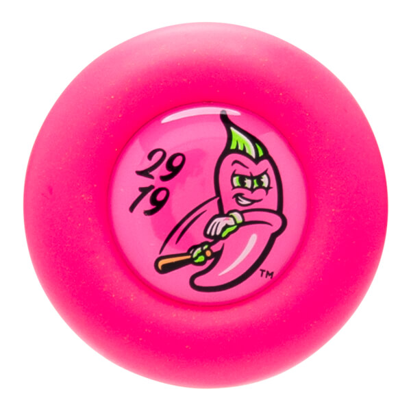 Top-down view of a pink baseball bat knob with a cartoon chili pepper logo and "29 79" text.