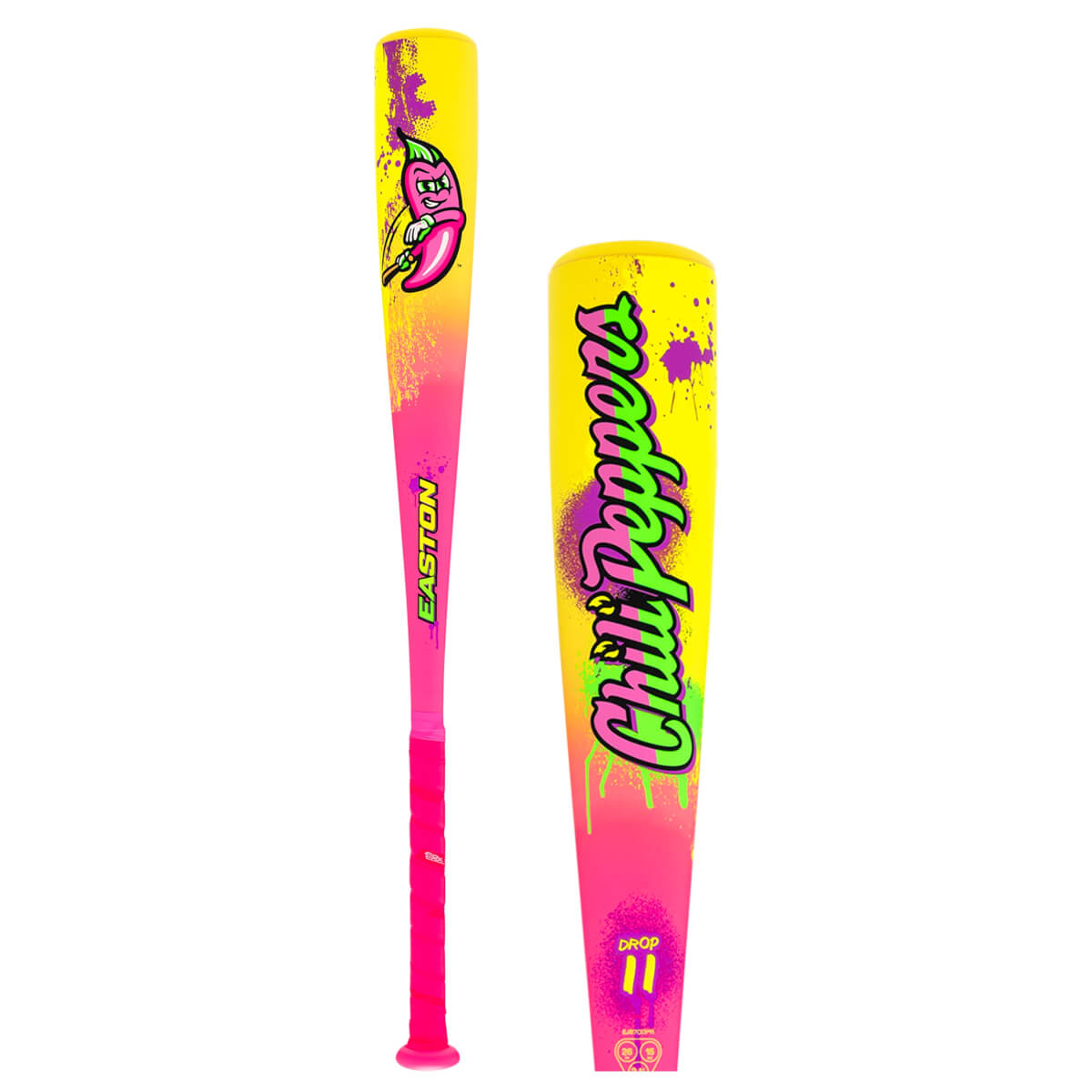 Front view of a yellow and pink baseball bat with a cartoon chili pepper graphic and "Chili Peppers" text.