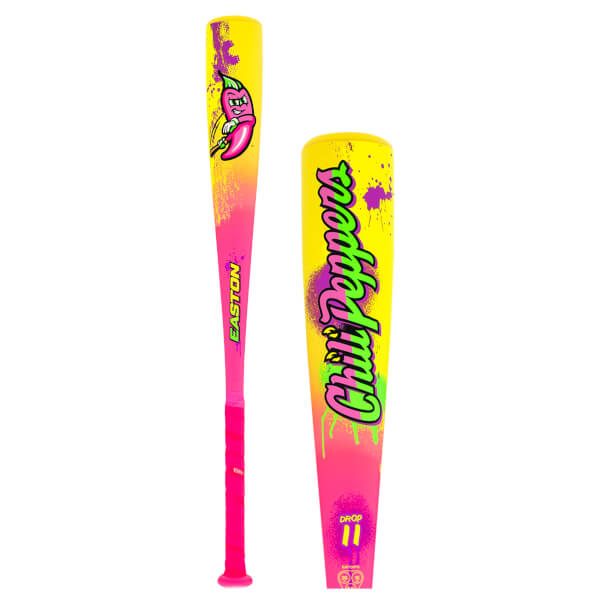 Front view of a yellow and pink baseball bat with a cartoon chili pepper graphic and "Chili Peppers" text.